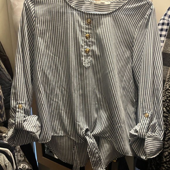 E & M Tops - E & M Navy Striped Button-Front and Back Blouse